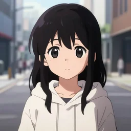 anime visual, portrait of a young black haired girl wearing hoodie on the city street background, one person, cute face by yoh yoshinari, katsura masakazu, studio lighting, half body shot, strong silhouette, anime cels, ilya kuvshinov, cel shaded, crisp and sharp, rounded eyes