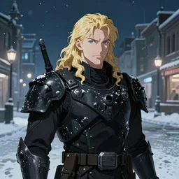 portrait of the pale blond soldier Lucius, long curly blond hair, jagged black cyberpunk armor, imperial russian city streets covered in snow, sci fi, night time, ambient lighting, 4k, anime key visual, lois van baarle, ilya kuvshinov, rossdraws, artstation
