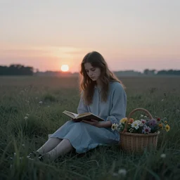 grey haunting by catherine hyde. a art installation of a young woman seated in a meadow, with the sun just beginning to rise behind her. the woman is looking down at a book in her lap, & there is a basket of flowers beside her.