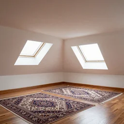 low ceiling attic, white painted ceiling, with 2 rectangular skylights opposing each other, with a large square skylight in the back right corner of the room, with exquisite turkish and persian rugs, polished plywood floor, XF IQ4, 150MP, 50mm, F1.4, ISO 200, 1/160s, natural light