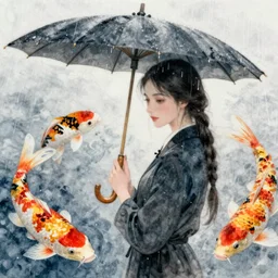 woman with parasol, raining koi, intricate watercolor painting by john singer sargent