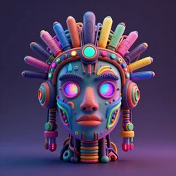 portrait of a glossy claymodel of a steampunk aztec futuristic robot head, top of the head is a crown made of wires and multicolored glowing tubes, eyes are multicolored led screen, 8 k, front shot, symetrical, flourescent colors, halluzinogenic, multicolored, insanely detailed, 3 d render, octane