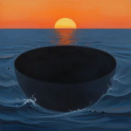the sea of sadness, a circular black void in the sea, a line of orange sunset, crushing despair, acrylic painting