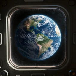 planet earth through a window in a space station, digital art, unsaturated, matte, in the style of interstellar
