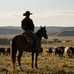 silhouette of a cowboy on horseback watching over his cattle in a valley background. in the style of ansel adams, photorealistic, ornately detailed, 4 k