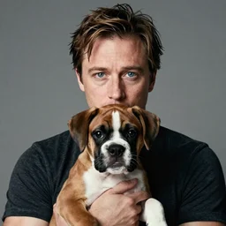 50mm photo, Owen Wilson symmetrical eyes holding a boxer puppy