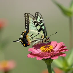 a green tiger swallowtail on a zinnia