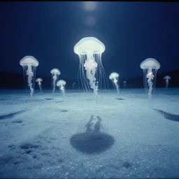the first snow on a young earth, majestic landscape, glowing white jellyfishes, long shadows, still frame from the voyage of time movie by terrence malick with cinematogrophy of emmanuel lubezki with art direction of giger and beksinski, ultra wide 8 mm lens, anamorphic optical flares, 8 k
