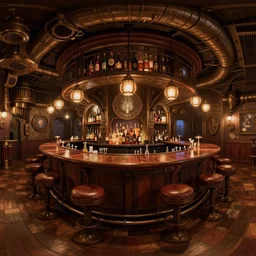 wide angle view of a realistic steampunk nightclub bar,interior, 3d stereoscopic equirectangular 360, fov 90 degrees, horizon centered, yaw 0 degrees
