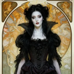 vampire queen, victorian dress, elegant, pale skin, black hair, cute light, medium shot, artgerm, greg rutkowski, alphonse mucha