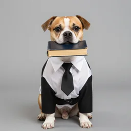a dog wearing a white short - sleeve collared shirt, a tie, and black pants holding a bible in its mouth