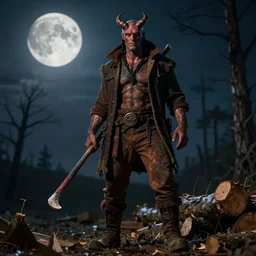 a lumberjack in the style of Hellboy well lit at night against the moon