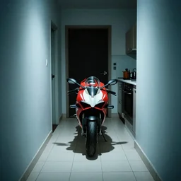 a huge 2 0 1 9 ducati panigale v 4 standing in the corridor to a tiny kitchen, in the dark, white tile on the floor, by paolo pellegrin, prize winning photo, cinematic