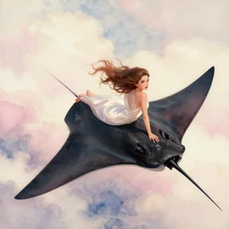 painting of a beautiful woman flying on the back of a flying stingray in a fantasy world, background clouds are watercolored, digital painting, hd, illustration, art by tokenin, by atey ghailan, by greg rutkowski, by greg tocchini, by james gilleard, by joe fenton, by kaethe butcher, gradient pink, black, cream and white color scheme, trending in instagram, award winning details