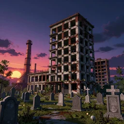 a beautiful ultradetailed render of cemetery city industrial architecture nature unfinished building abandoned building architecture urbex by april gornik, sunset nightvision anime synthwave retrowave at night, archdaily, wallpaper, highly detailed, trending on artstation.
