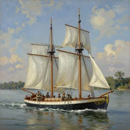 a matte painting of mike fink sailing a keelboat down the mississippi river, in the style of greg rutkowski and remedios varo, digital painting, photorealistic, ornately detailed, unreal engine, extremely detailed masterpiece, illustration, trending on artstation