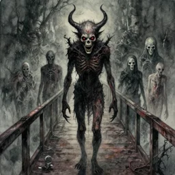 disturbing grunge still of a lovecraftian demon infested guy on a bridge, watercolor horror spiritual dmt art in dark and muted colors, by arthur adams, by tom bagshaw, by henry asencio, by kikuchi hideyuki