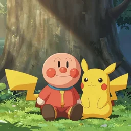 Anpanman sitting next to Pikachu