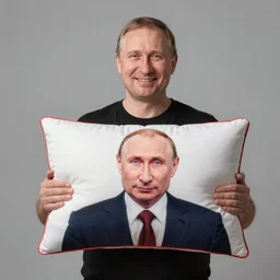 a happy man holding a vladimir putin dakimakura body pillow. high quality marketing image, bokeh, 4 k, uniform background