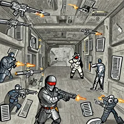 ninja with red goggles in concrete brutalisim hallway firing machine guns against suit men