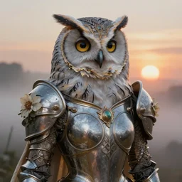hyperdetailed portrait of beautiful queen's flower armored girl owl in the mist. by greg rutkowski, highly detailed portrait, digital painting, artstation, concept art, smooth, sharp foccus ilustration, artstation hq. intricate, elegant. art by wlop and artgerm and greg rutkowski and alphonse mucha, masterpiece. medium shot. sunset dramatic.