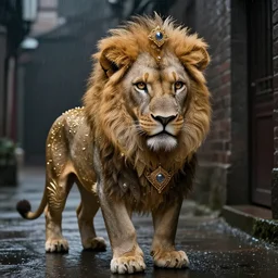 A digital photo of a stealthy teenage lion in a dark rainy alleyway wearing trending on artstation, cinematic lighting, Ornate, delicate, neat, precise, detailed, opulent, lavish, elegant, ornamented, fine, elaborate, accurate, intricate, meticulous, decorative, realistic