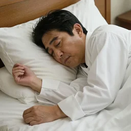 A picture of Abe Shinzo slepping in the bed.