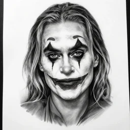 tattoo design sketch of beautiful margot robbie portrait with joker makeup, in the style of den yakovlev, realistic face, black and white, realism tattoo, hyper realistic, highly detailed, beautiful drawing