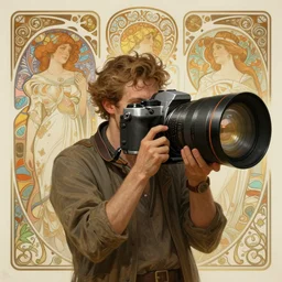 man with big camera, sci-fi, fantasy, intricate, very very beautiful, elegant, highly detailed, digital painting, artstation, concept art, smooth, sharp focus, illustration, art by artgerm and greg rutkowski and alphonse mucha