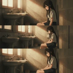 3 panel scene, girl sitting in the school cozy bathroom - dramatic cozy arts by wlop and okuda genso. wide angle lens. featured on pixiv, anime aesthetic. pixiv, warm aesthetic, rays of light, volumetric light, artstation, vanitas, official art, gothic, noise film photo. octane render, redshift render, ue 4