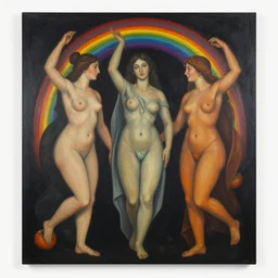 shadowy persimmon, dark rainbow by carlos schwabe. the assemblage is a beautiful work of art. the three graces are depicted as beautiful young women, each with their own unique charms. the assemblage is full of color & life, & the women seem to radiate happiness & joy.