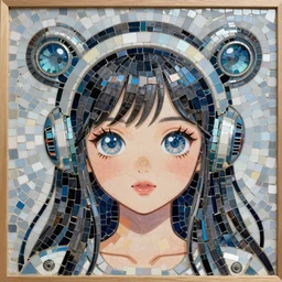 mosaic of a beautiful cute girl with robot ears and eyes, 4k, intricate details