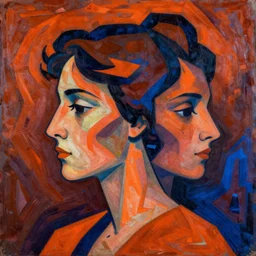 A beautiful land art of a person in profile, with their features appearing both in front of and behind their head. dark orange, neon blue by Mary Cassatt angular