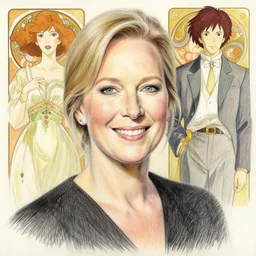 meryl streep smiling, colored pencil portrait painting by richard schmid, thomas moran, studio ghibli, loish, alphonse mucha, fashion photography