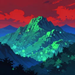 green blue isekai cyber neon japanese mountains, void sky - red clouds, dark inky forest, rimlight bokeh pixiv # 1 ranking depth focus, chromatic aberration, noise, soft lighting, srgb, 4 k, cinematic rembrant kuvshinov ross tran craig mullins leyendecker wlop guweiz