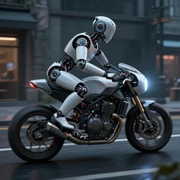 a cybernetic robot driving a futuristic cafe racer motorcycle through dark and moody city streets, unreal engine 5 render, 8 k, ultra - detailed, photorealistic