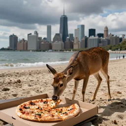 deer eating pizza at the beach, new york background