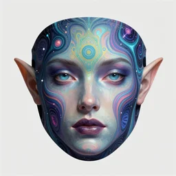 hyper detailed masterpiece, psychedelic synthwave pattern face mask elven portrait, jean giraud, digital art painting, dream wave aesthetic, ethereal, artgerm, donato giancola, tom bagshaw