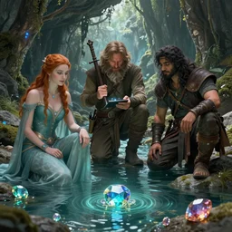 Three adventurers - Liz (sorceress), Tim (bearded alchemist) and Farhan (dwarf-like man) exploring underground river with gems laying around | fantasy art