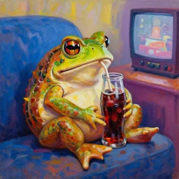 hyper realistic oil painting of toad watching a tv movie drink coke and chill on the couch, vibrant colors, high contrast, by greg rutkowski, trending on artstation
