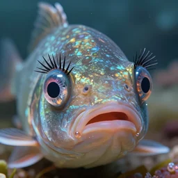 A fish with eyelashes above the eyes, digital art, photorealistic