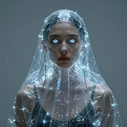 portrait of a woman, covered in transparent cloth, plastic, glowing eyes, flat background, Masterpiece, glowing, wires everywhere, by Edgar Maxence and Ross Tran, Zdzisław Beksiński, and Michael Whelan, distant, gustav dore, H.R. Giger, 8k, octane render
