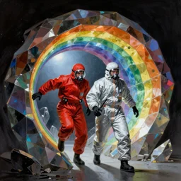 two scientists, in red and silver hazmat suits, entering the geometric rainbow crystal dimensional gateway by frank frazetta