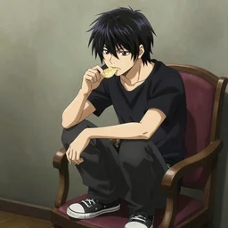 “light from death note eating a chip dramatically while squatting on a chair, anime pixiv”