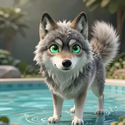 a detailed CGI rendered anthropomorphic wolf furry(with long hair and cute big green eyes, tail raised, concerned expression, anthro wolf face, very fluffy and furry) standing in a pool, shot in wide angle, with soft lighting. Digital art render, artstation, ultra detailed