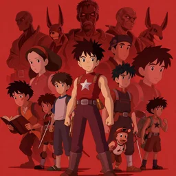 red themed mashup with movie characters, cinematic, miyazaki style, marvel, disney, indie, highly detailed, featured on artstation, highly detailed, abstract