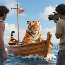 The Life of Pi behind the scenes with Tiger in Boat, full color production photograph from 2012