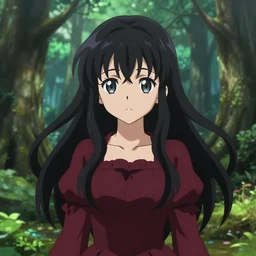 isekai enchanted forest cute bombshell reimu with flowing black hair, burgundy dress. green palette symmetrical face. symmetrical detailed defined eyes. beautiful lineart. bokeh pixiv # 1 ranking depth of focus, chromatic aberration, noise, soft lighting, srgb, 4 k, by rembrant kuvshinov ross tran john sargent and leyendecker