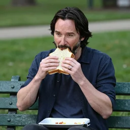 Keanu Reeves eating sandwich on park bench