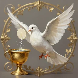 a white dove holding a communion wafer. a golden cup water fountain. intricate, elegant, highly detailed, digital painting, artstation, concept art, sharp focus, illustration, by justin gerard and artgerm, 8 k